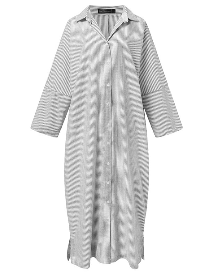 Women's Cotton Linen Loose Striped Shirt Dress