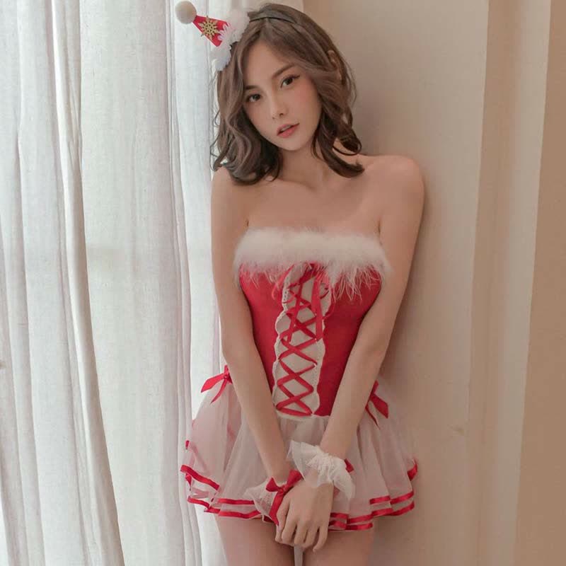 Lace Up Colorblock Ruffled Mesh Dress Lingerie Stockings Set
