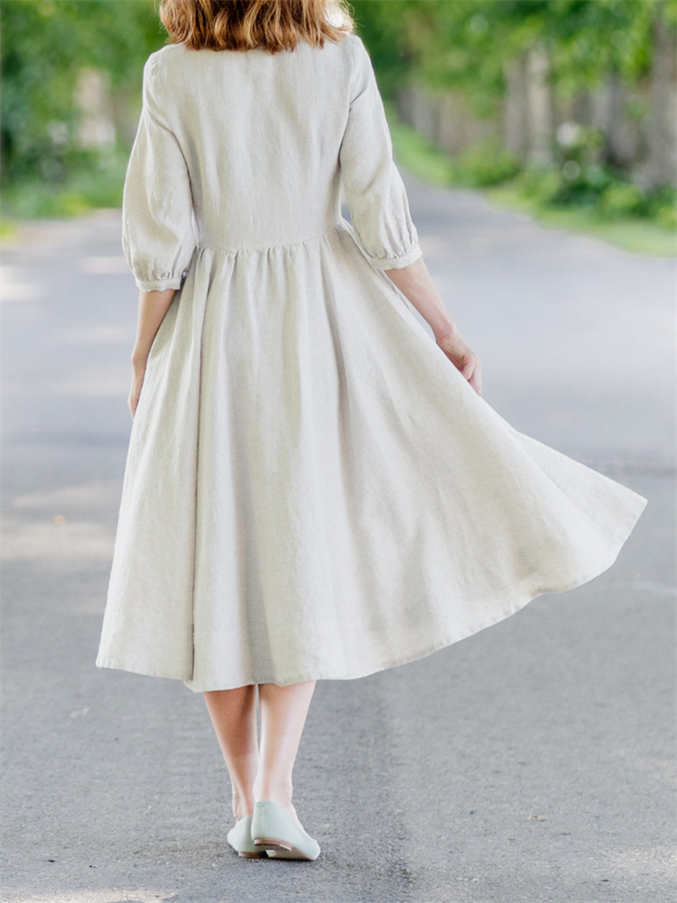 Vintage Classy Ruffle Hem Puff Sleeve Maxi Dress