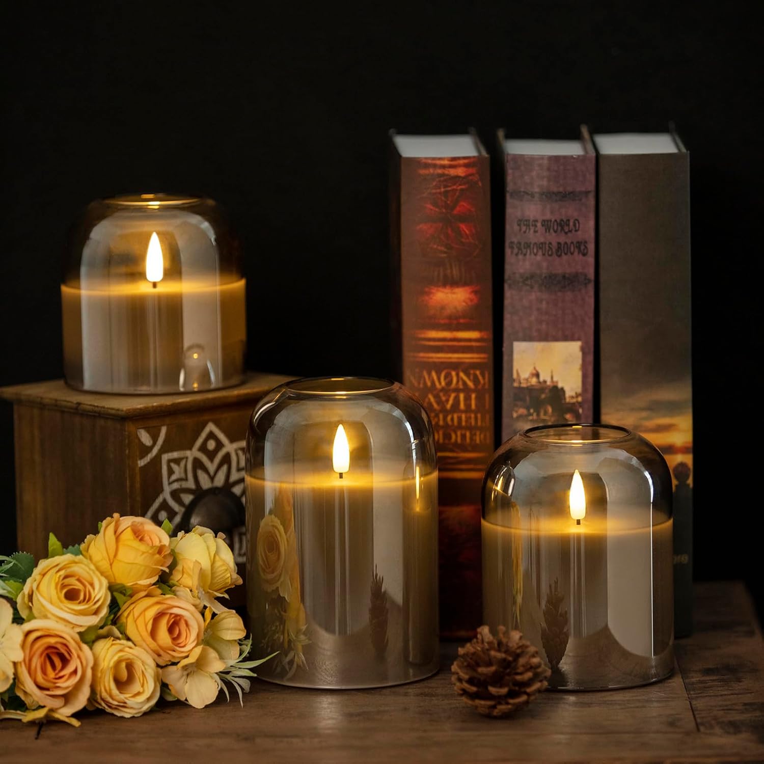 💖Last Day 49% OFF💖Flickering LED Pillar Glass Flameless Candles Set of 3