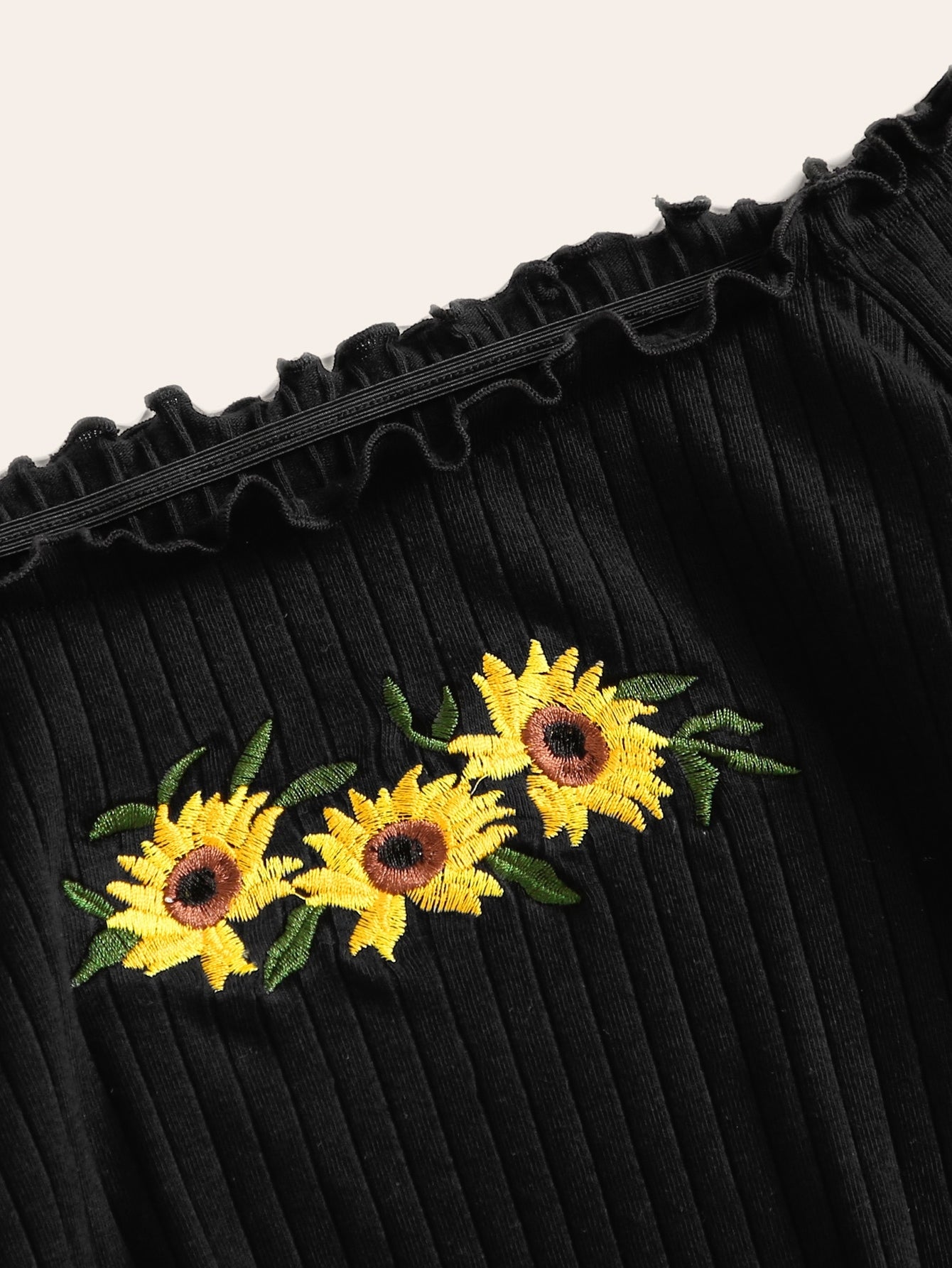 SHEIN Embroidered Sunflower Lettuce Trim Rib-knit Bardot Top