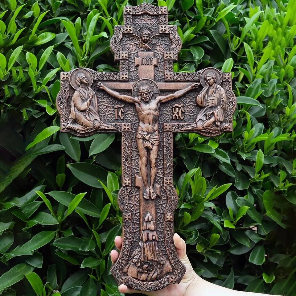 Wooden Orthodox religious Carved Crucifix - Carved from natural wood