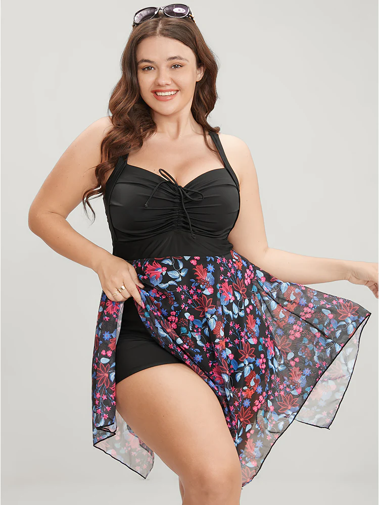 Tropical Ruched Ties Hanky Hem Crisscross Swim Dress