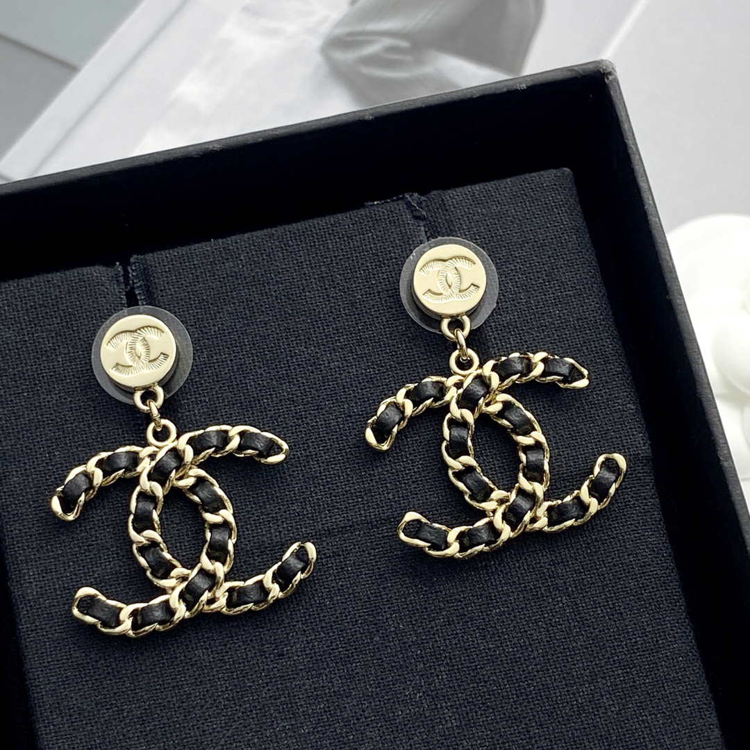 CHAN 24 button pendant leather double c earrings