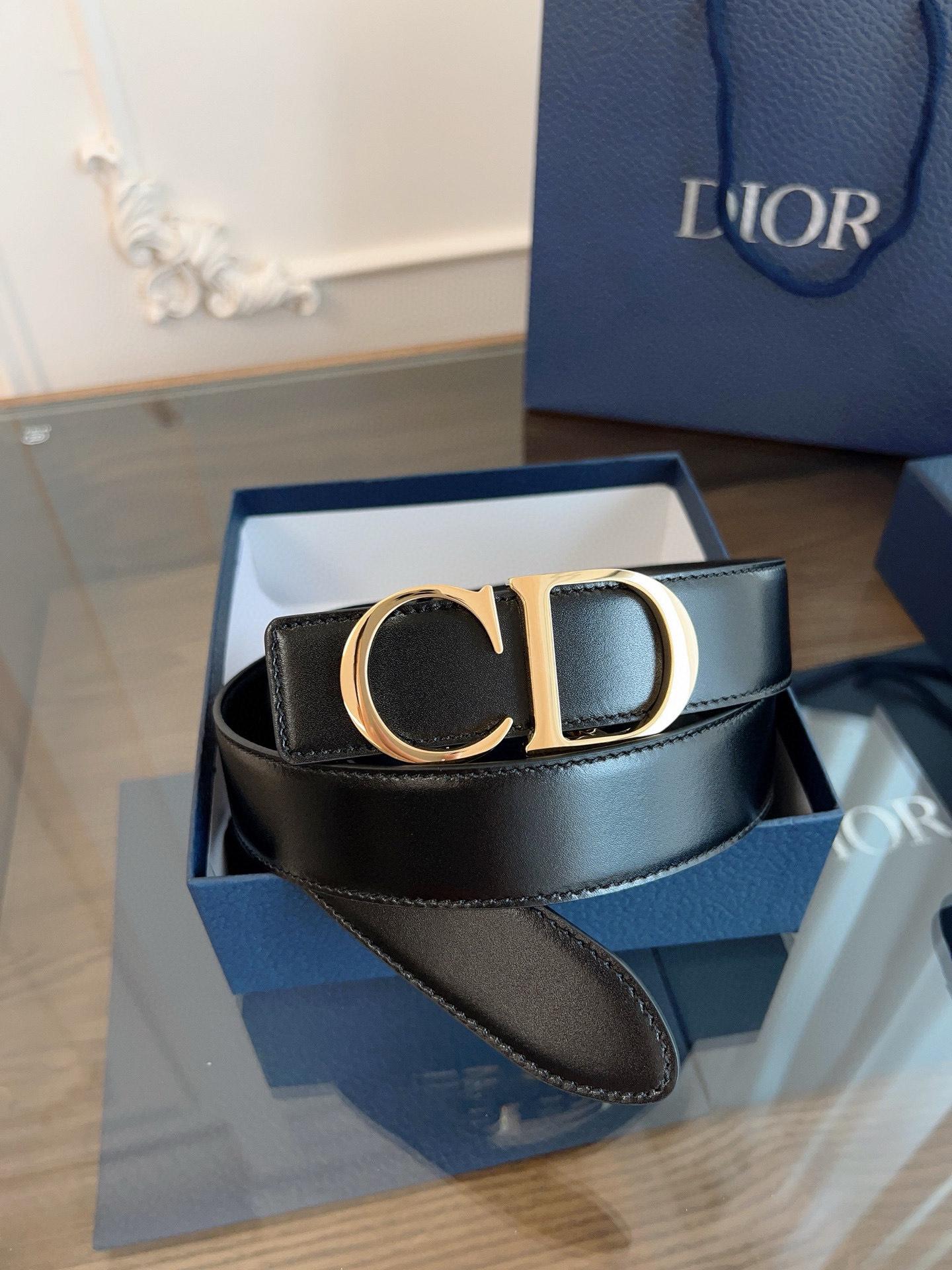 Dior shiny black leather belt width 3.5cm