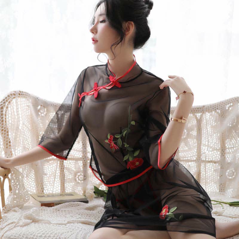 Vintage Floral Embroidery Transparent Mesh Hanfu Lingerie Set