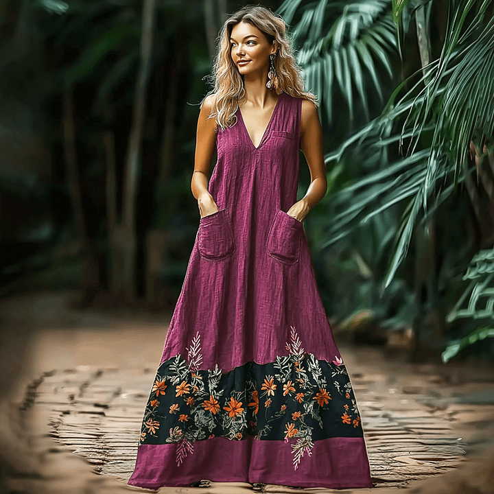 Women's Elegant Floral Bohemian Casual Sleeveless Linen V-neck Maxi Dress