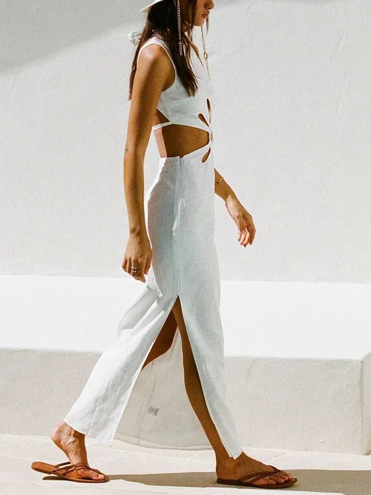 Elegant Halter Neckline Backless Sexy Vacation Hollow Split Maxi Dress