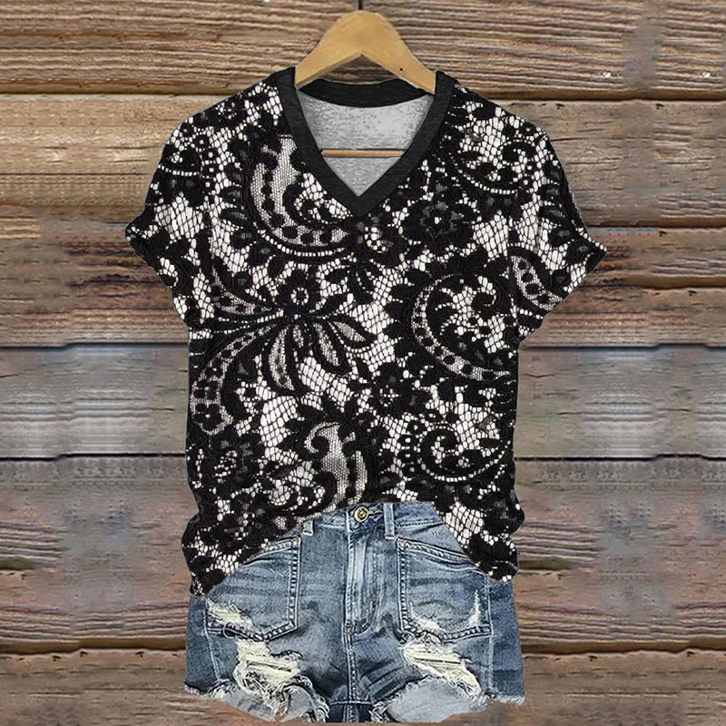 Vintage Paisley Floral Lace V Neck T Shirt
