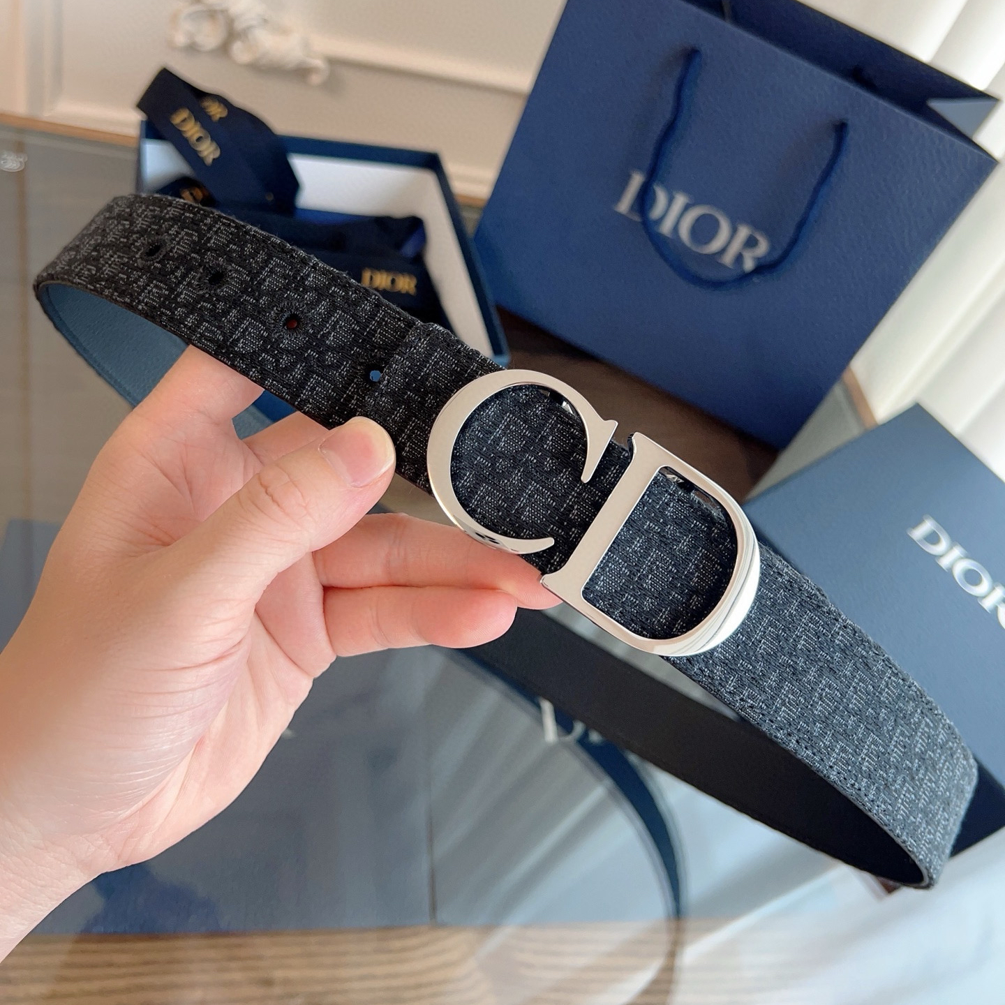 Dior Oblique Blue Cloth Black Cowhide Leather Strap 3.5cm Wide