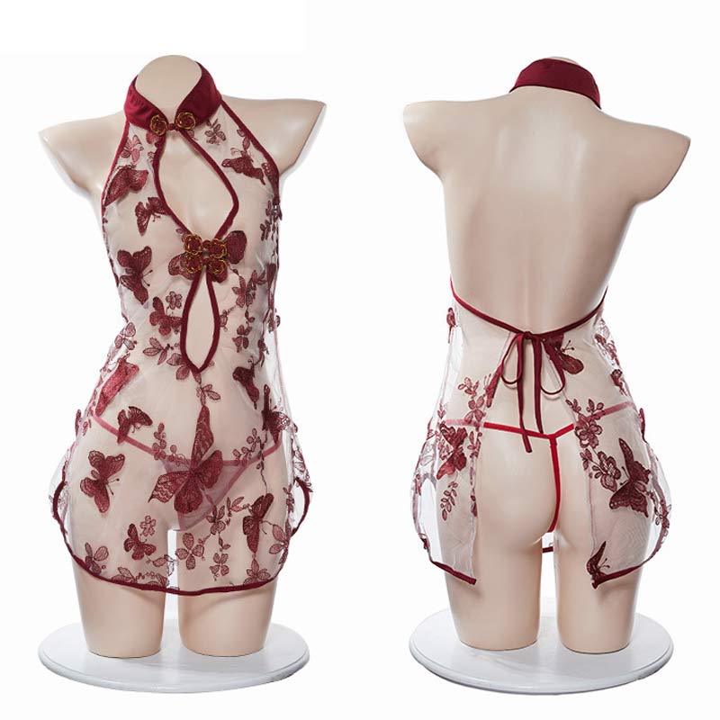 Butterfly Blossom Embroidery Mesh Lingerie Cheongsam Dress