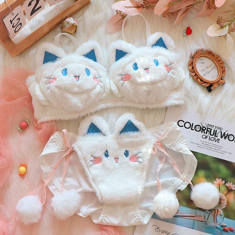 Kawaii Kitty Ear Hairball Embroidery Plush Lingerie Set