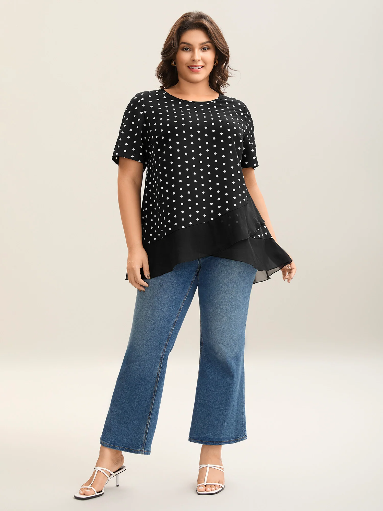 Polka Dots Spliced Ruffled Hem Shirt
