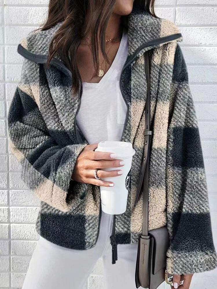 Plus Size Autumn Winter Dried Shrimp Double Sided Plush Plaid Coat Women Clothing