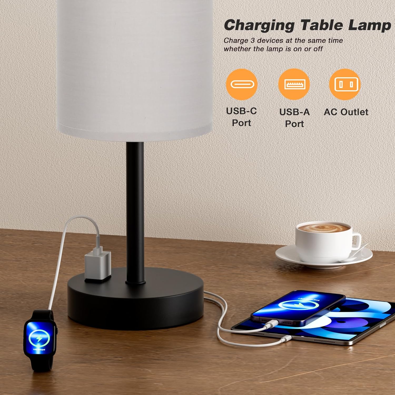 Bedside Table Lamp for Bedroom - 3 Way Dimmable Touch Lamp USB C Charging Ports and AC Outlet, Small Lamp Wood Base Round Flaxen Fabric Shade for Living Room, Desk, LED Bulb Included