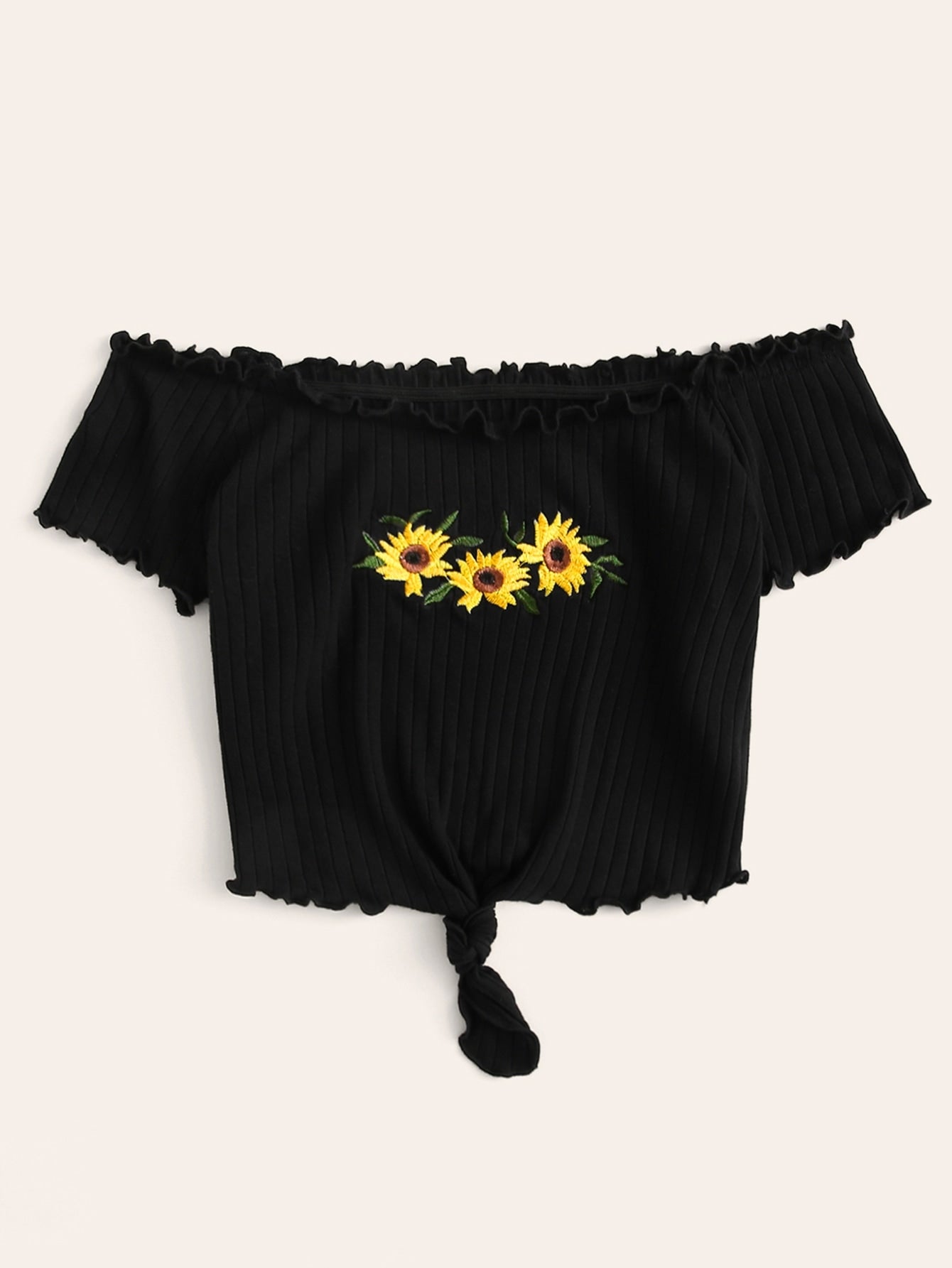 SHEIN Embroidered Sunflower Lettuce Trim Rib-knit Bardot Top