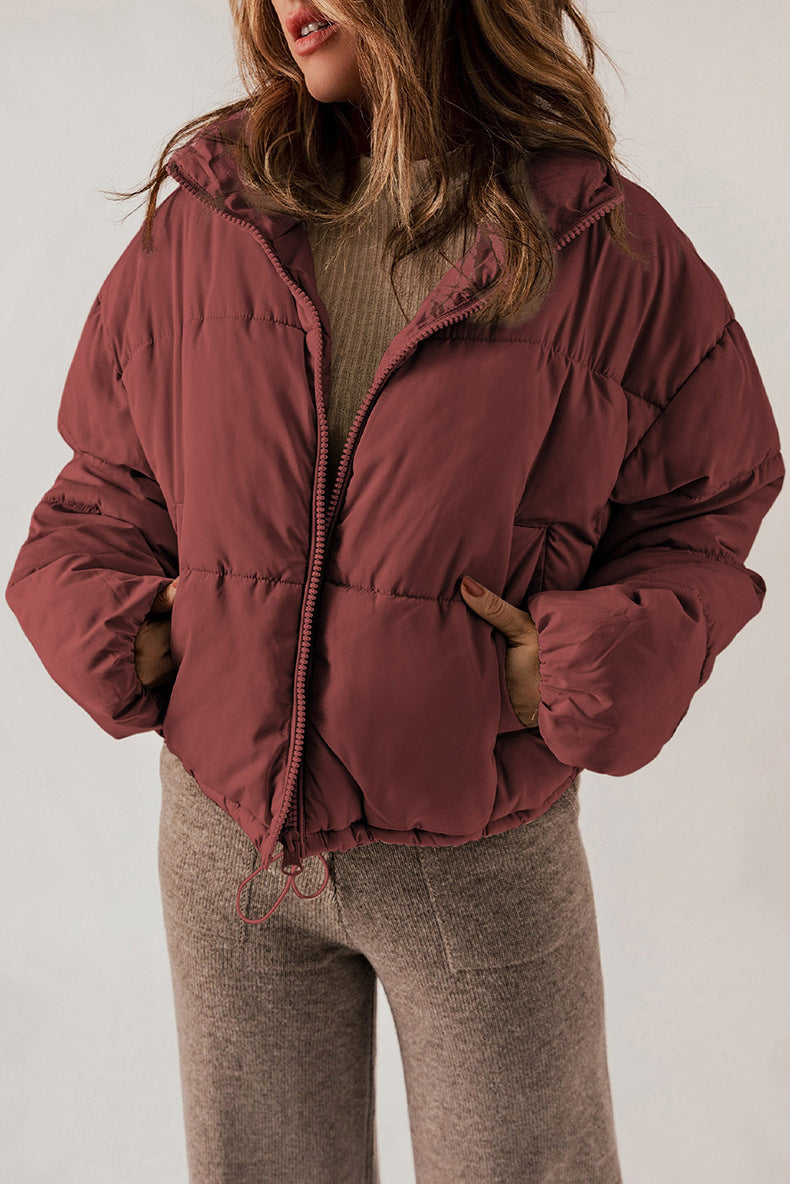 Casual All Matching Solid Color Warm Keeping Cotton Padded Coat Women Winter Stand Collar Thick Zipper Jacket Women