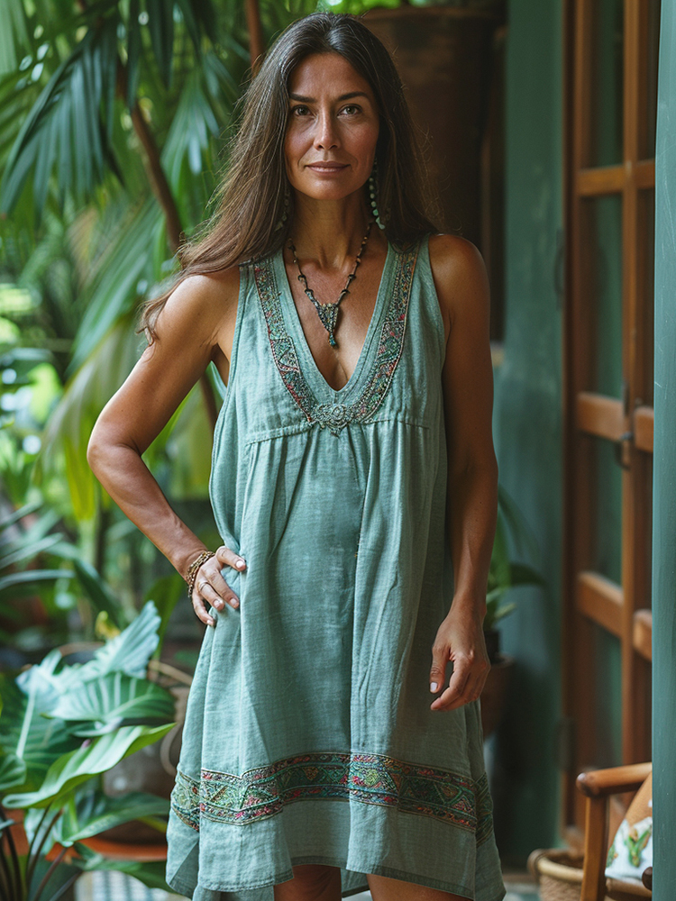 Retro Boho Tribal Art Embroidery Print Cotton And Linen V-neck Sleeveless Midi Dress
