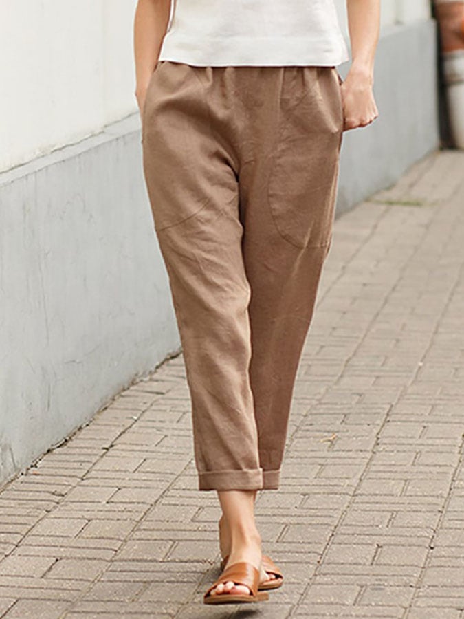 Cotton Linen Pocket Pure Casual Pants