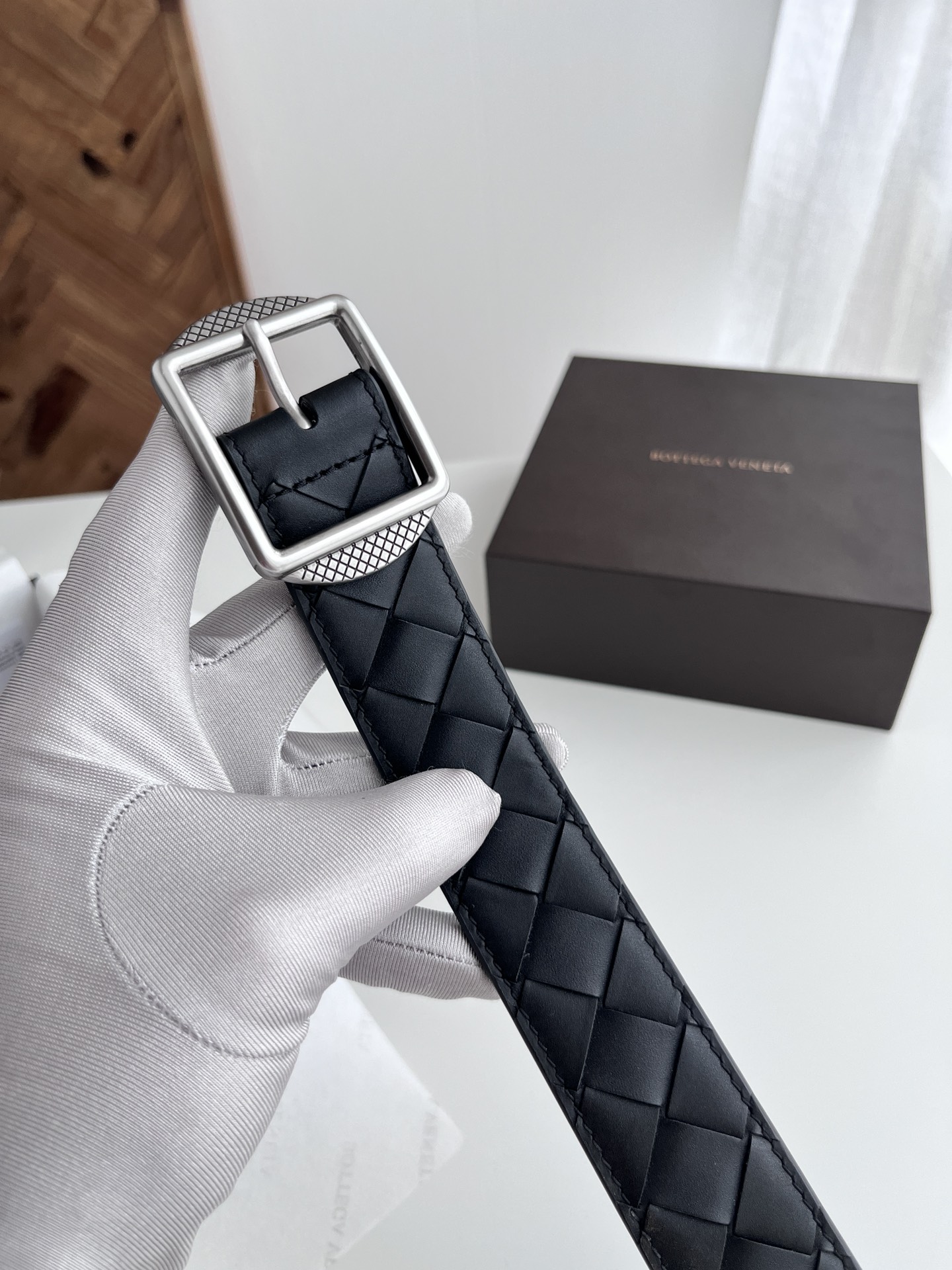 Bottega Veneta intreccio woven cowhide double-sided belt 3.5cm wide