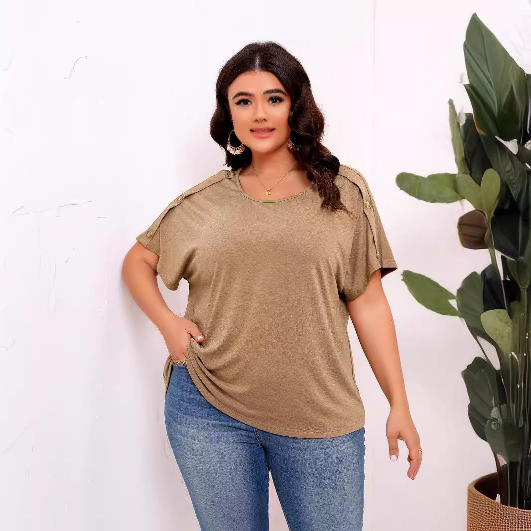 Plus Size Fastener Decoration Short-Sleeved T shirt for Women Casual Office Three Quarter Sleeve Top for Women
