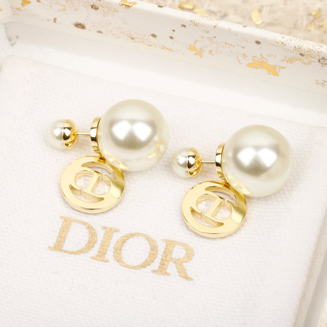 Dior Round Crystal CD Double Ball Pearl Earrings