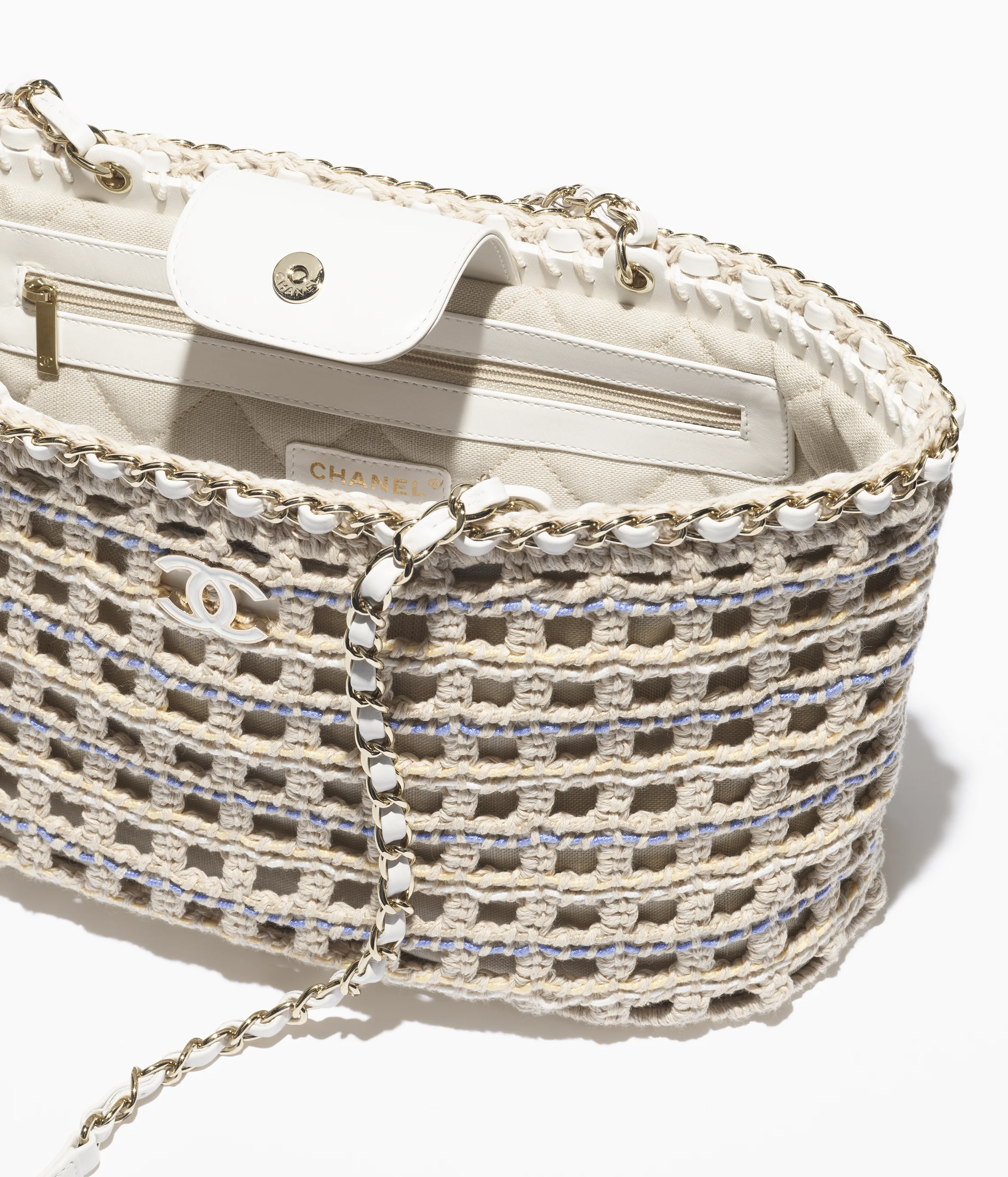 Chanel Small Shopping Bag Cotton Crochet & Gold-Tone Metal Beige, White, Blue & Yellow AS5235-B18697-NACUD