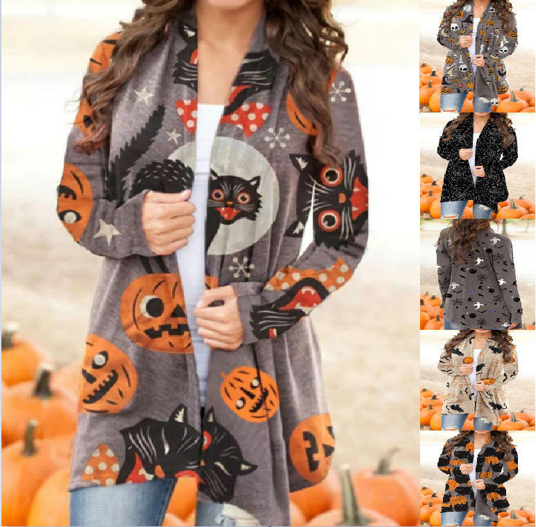 Halloween-Themed Digital Print Casual Cardigan Jacket for Women