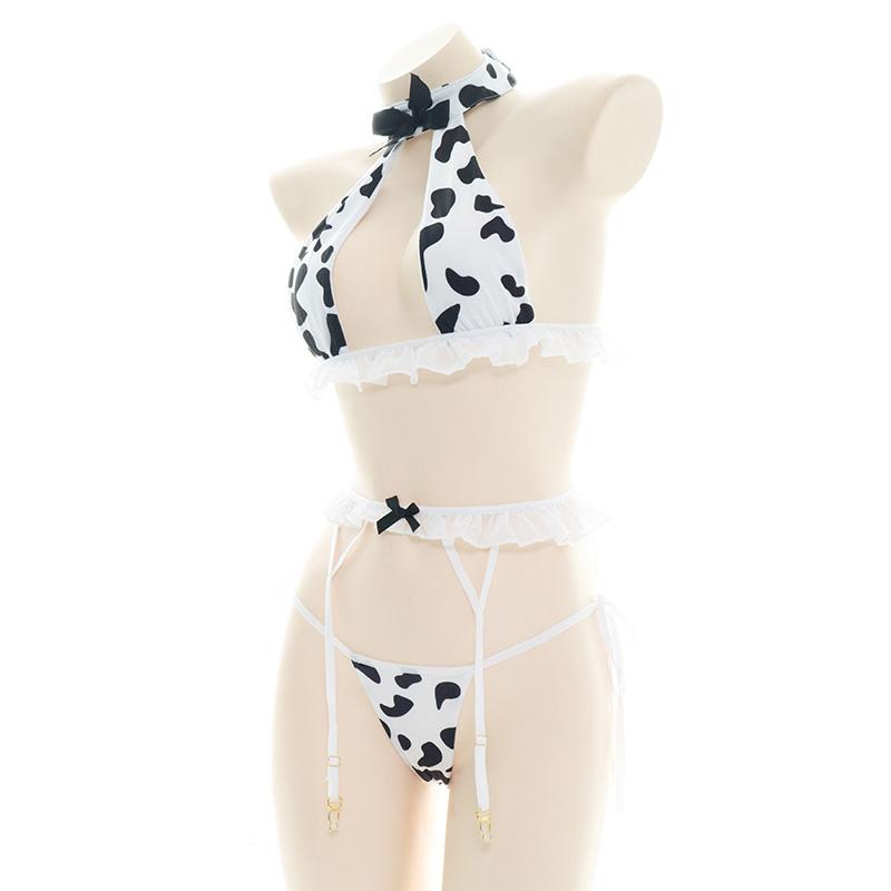 Sexy Cow Print Bow Bikini Lingerie Suit