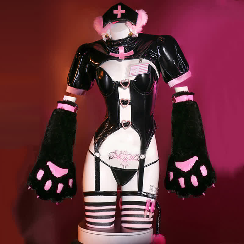 Cosplay Nurse Cat Paw Hollow Out PU Lingerie Set