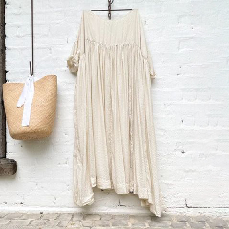 Vintage Pleat Round Neck Short Sleeve Midi Dress