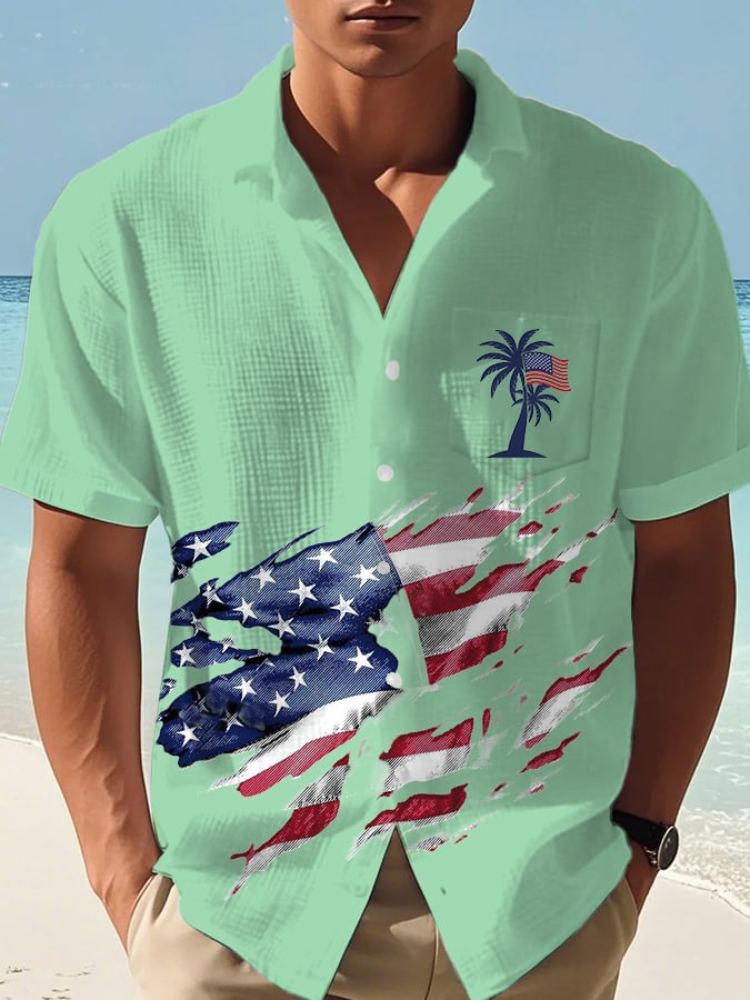 Men's Casual Flag Independence Day Coconut Tree Print Waffle Men's Shirt