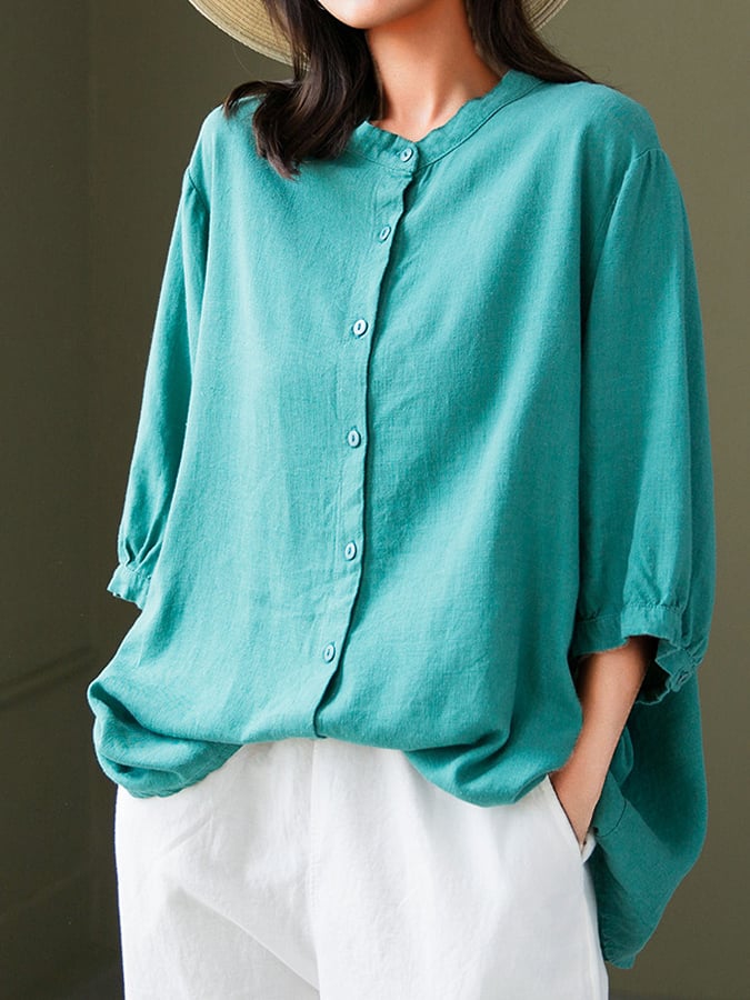 Woven Women's Cotton Fashion Loose Mandarin Collar Long Sleeve Shirt