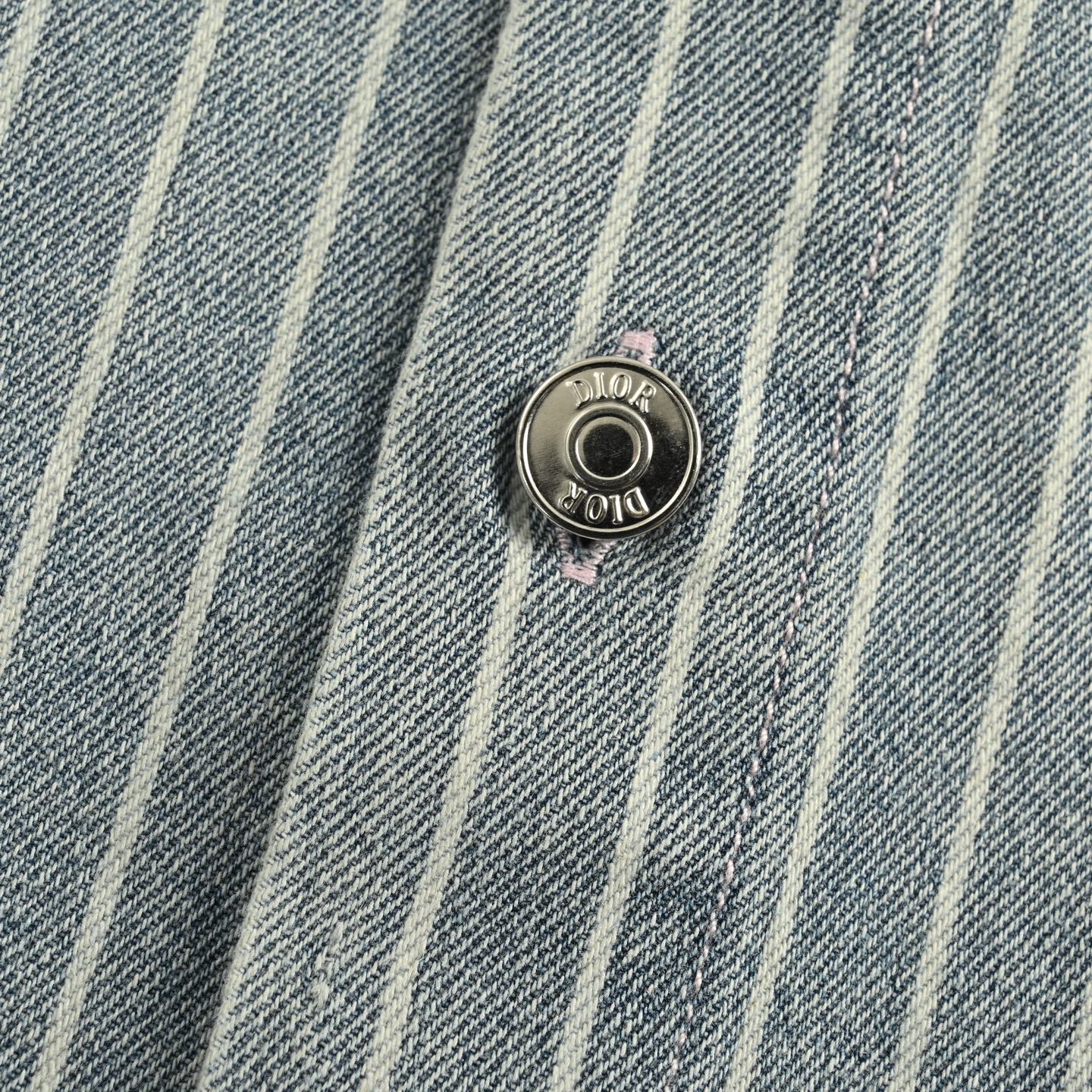 Dior 25ss embroidered lettering striped washed denim short-sleeved shirt