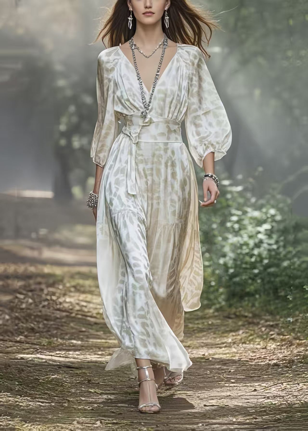 Fashion White V Neck Draping Silk Holiday Dress Lantern Sleeve