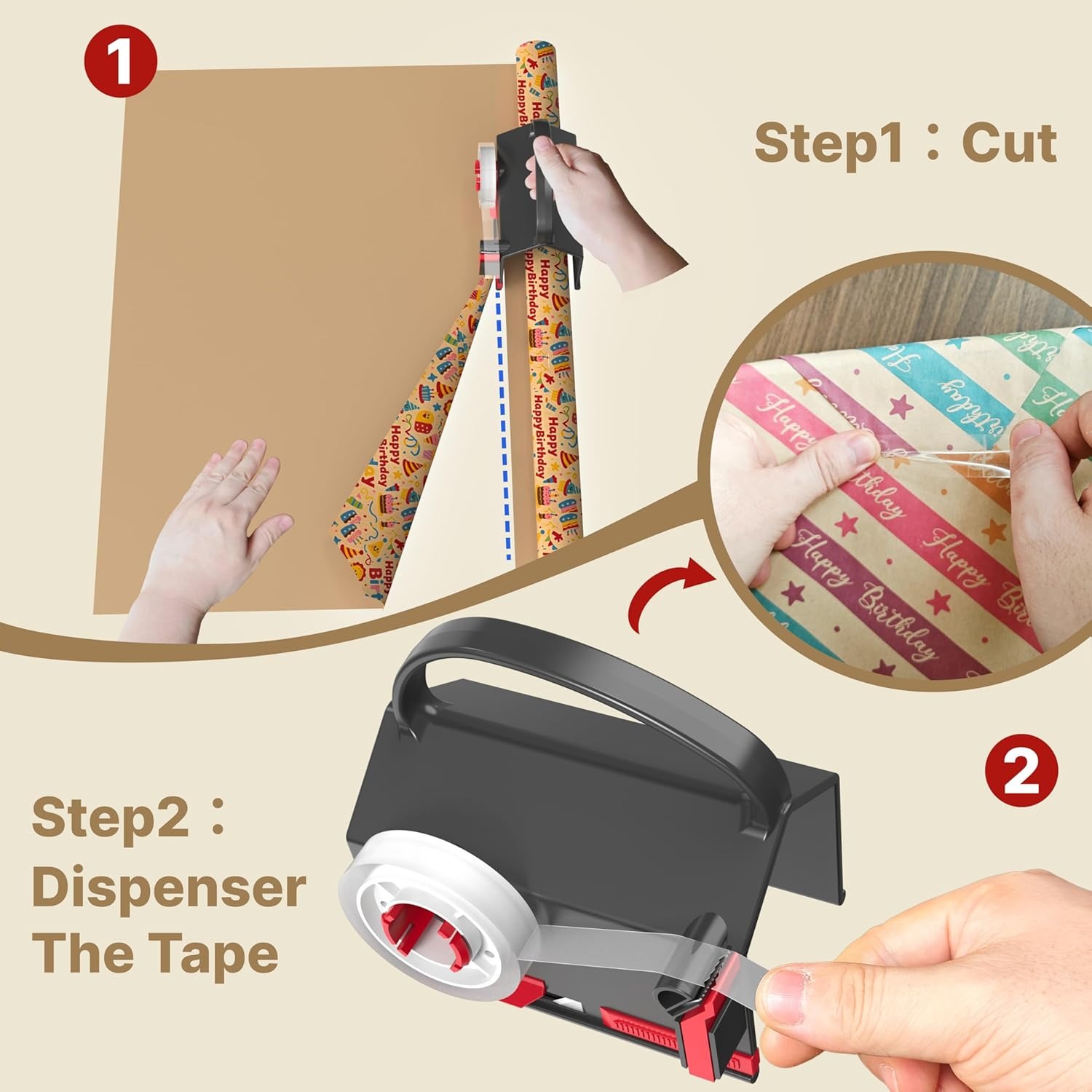 💥Last Day 49% OFF💥Wrapping Paper Cutter & Tape Dispenser Dual Use (2-Pack)