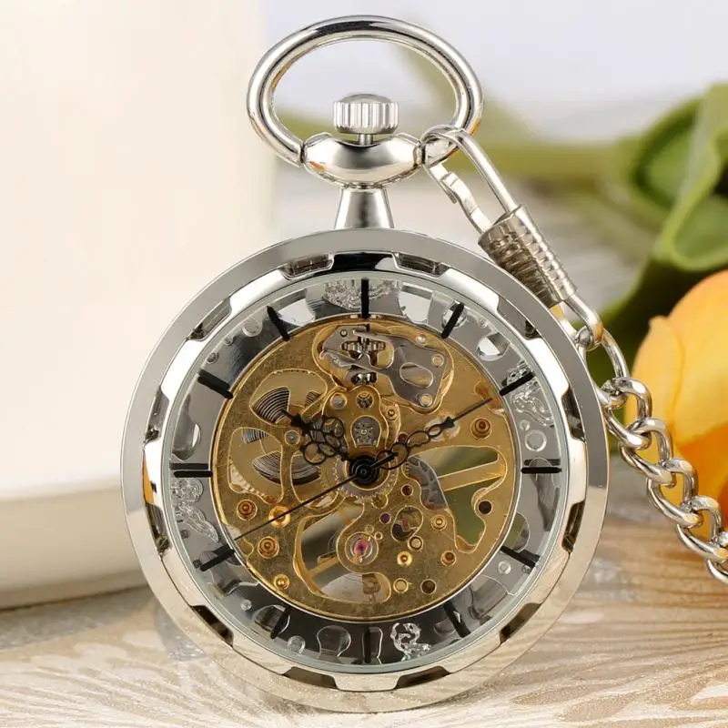 Silver Hand-winding Mechanical Pocket Watch Open Face Skeleton Timepiece Men Women Collectable Clock with Pendant Chain reloj