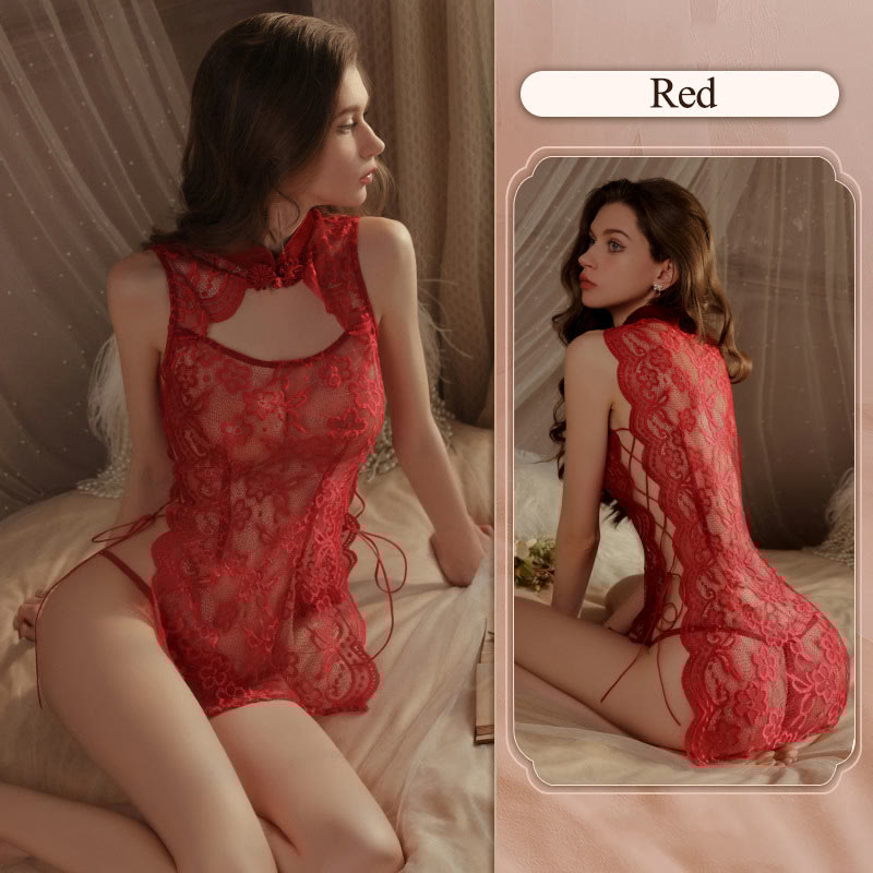 Sexy Lace See-through Vintage Button Cheongsam Lingerie Dress