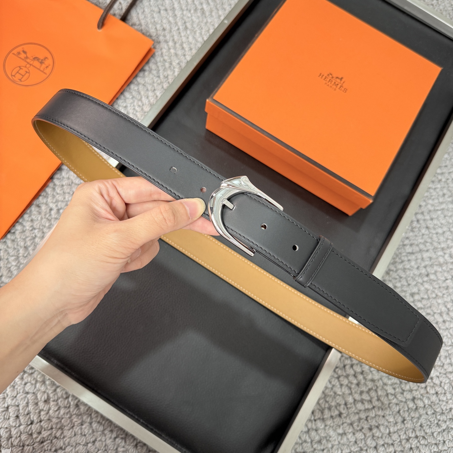Hermès BoxTogo calfskin double-sided belt 3.2CM wide