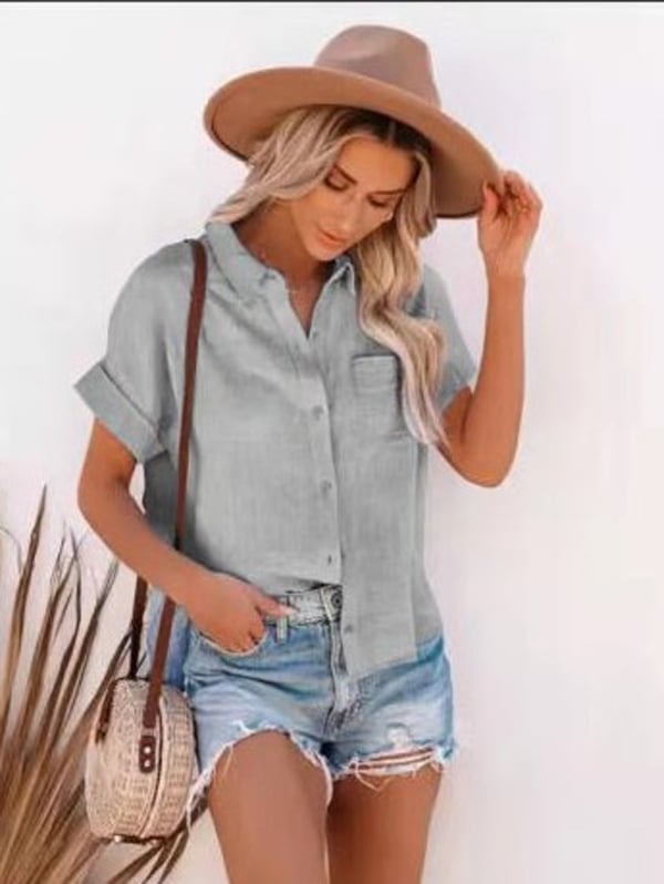 Women's cotton linen short sleeves ladies lapel buttoned shirt