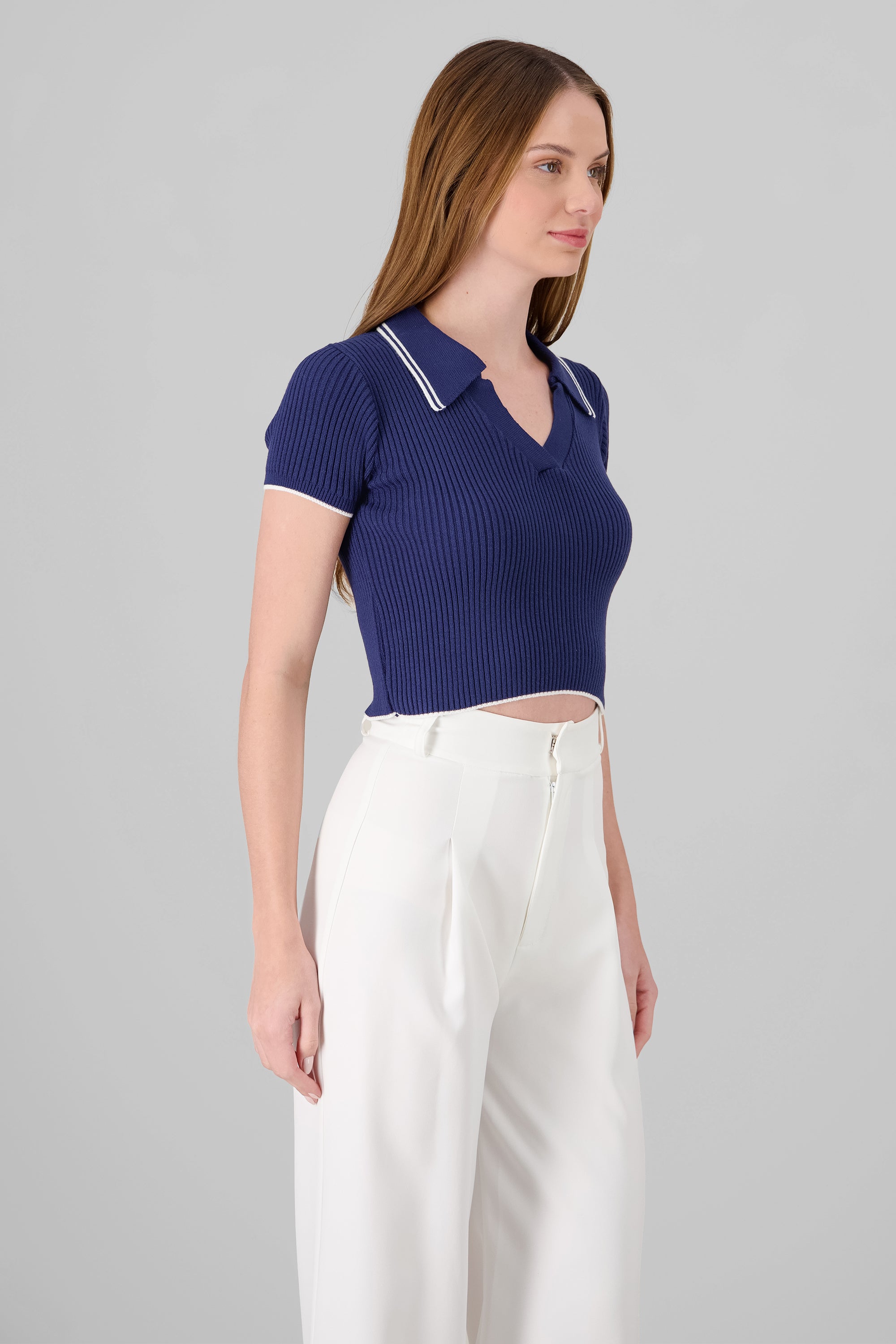 ColorContrast Polo Neck Crop Top