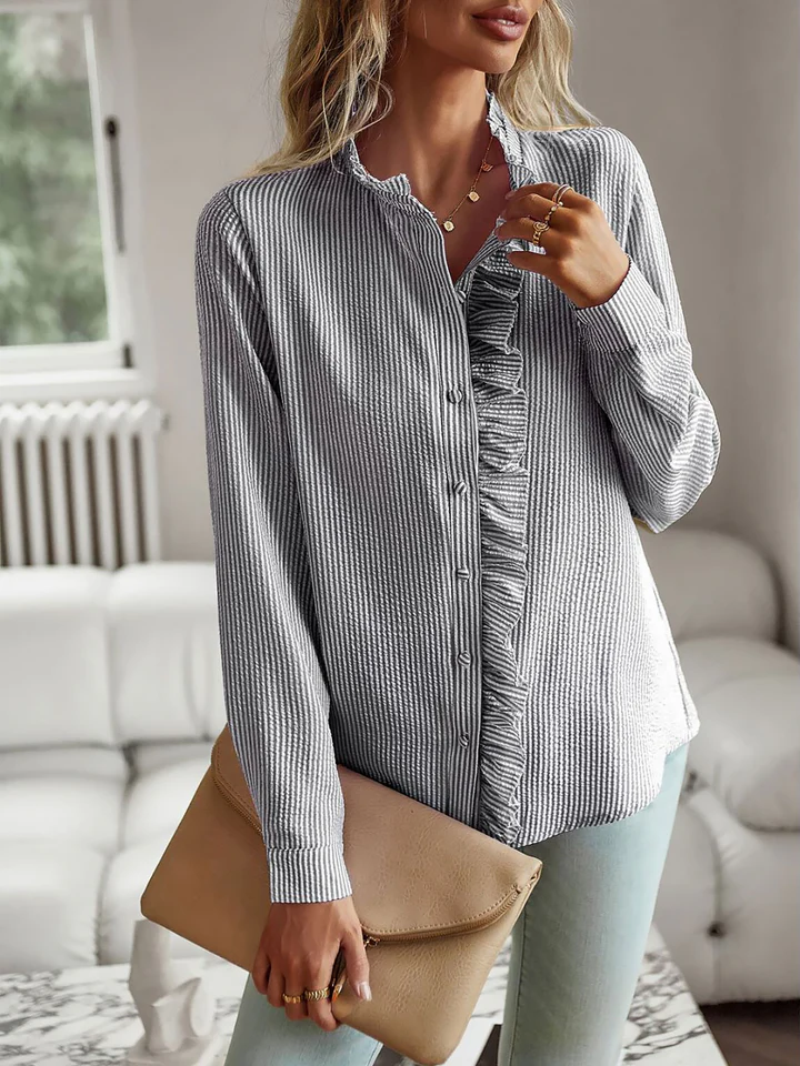 ⏰LAST DAY - HALF PRICE💥Striped Ruffled Textured Long Sleeves Button Down Shirts