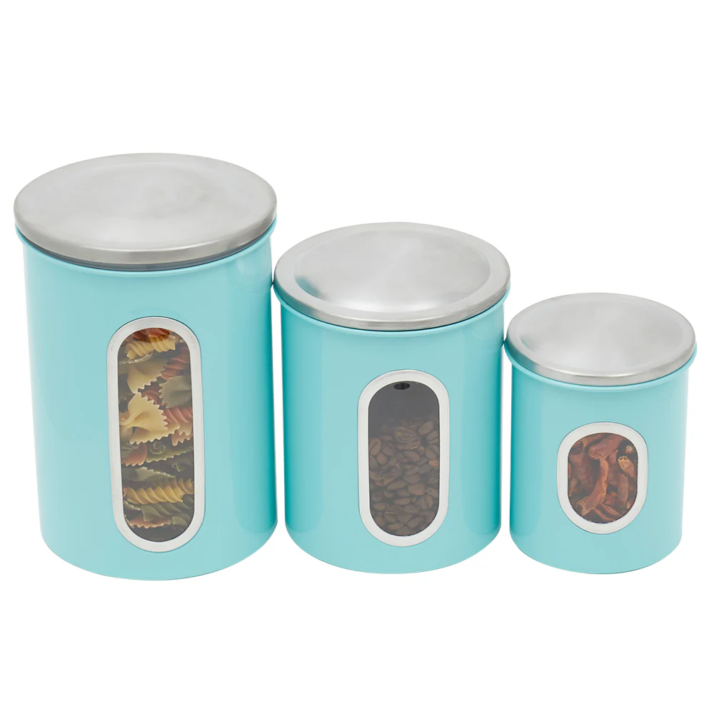 Home Basics 3 Piece Stainless Steel Top Canisters with Windows, Turquoise