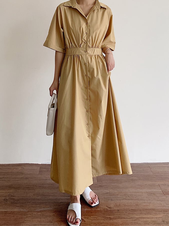 Women's Solid Color Single-Breasted Mid-Length Loose Cotton And Linen Casual Dress