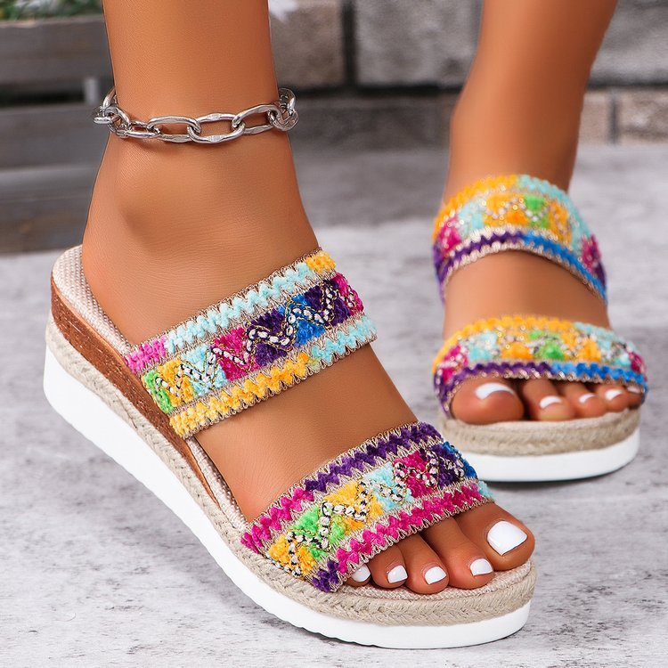 Ethnic Style Woven Sandals: Casual Summer Linen Bottom Slippers with Wide Strap Wedges for Women