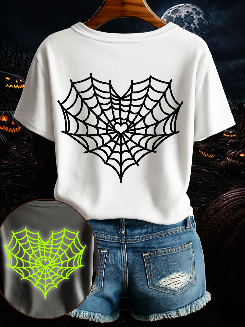 🔥Buy 3 Get 10% Off🔥Women's Heart-Shaped Spiderweb Luminous Print Casual T-shirt
