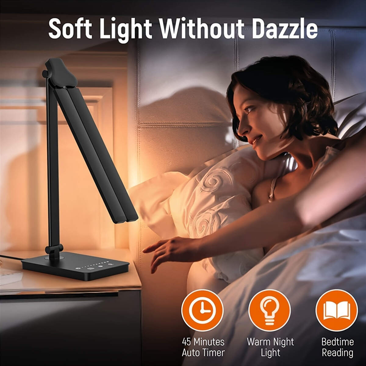 Dimmable Double-Head LED Desk Lamp, Adjustable Swing-Arm Table Lamp, Eye-Care Technology, 5 Color Modes, 5 Brightness Levels, Touch Control, with 45min Auto Timer, USB Powered, for Home Office, Bedroom, Study Room