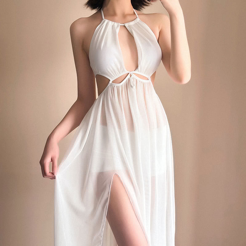 Hollow out See-through Backless Pearl String Slit Lingerie Dress