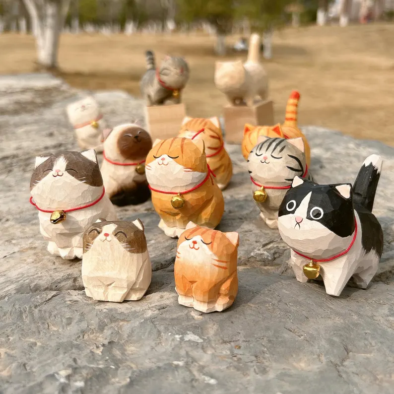 Handcrafted Wooden Cat Sculpture – 17 Unique Styles 🐱✨