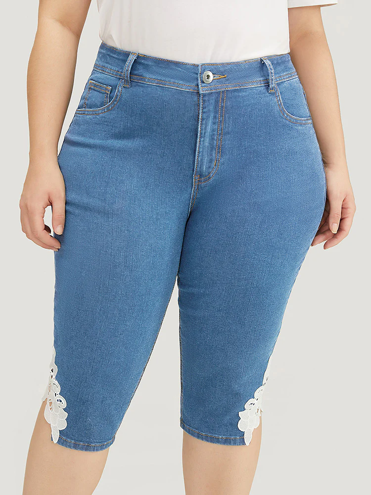 Very Stretchy High Rise Medium Wash Guipure Lace Knee Denim Shorts